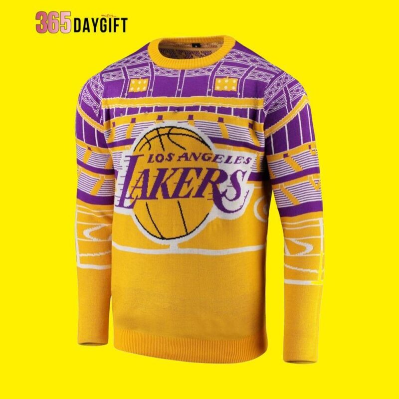 Los Angeles Lakers Courtside Bluetooth Lakers Christmas Awesome Ugly Sweater - Narides