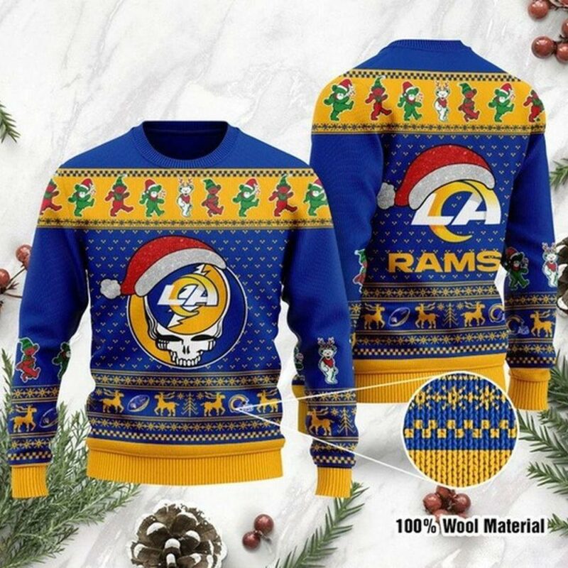 Los Angeles Rams Grateful Dead Skull And Bears Custom Name Christmas Limited Ugly Sweater - Narides