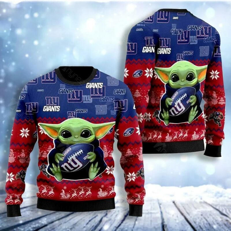 New York Giants Baby Yoda For American Football Fans Christmas Awesome Ugly Sweater - Narides