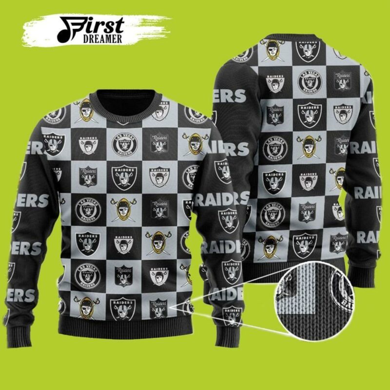 Raiders Christmas Logo Checkered Flannel Design Ugly Sweater - Narides