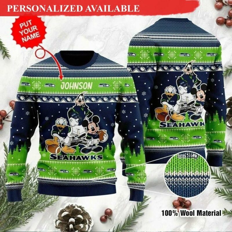 Seattle Seahawkss Disney Donald Duck Mickey Mouse Goofy Christmas Christmas Jumper Ugly Sweater - Narides