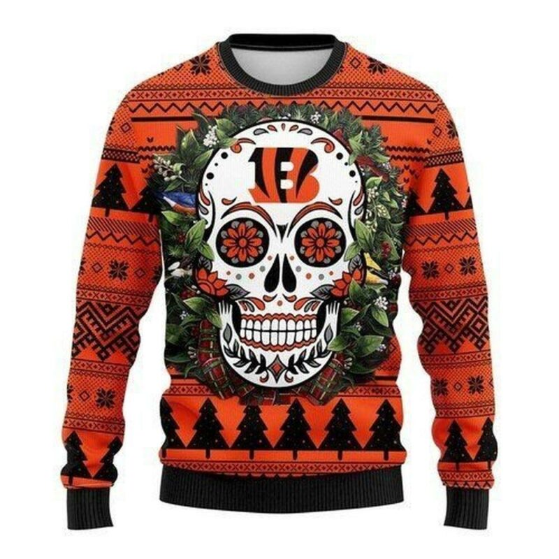 Skull Flower Calavera Cincinnati Bengals Christmas Ugly Sweater - Narides