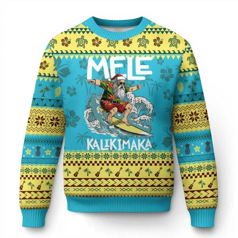 Xmas in Hawaii Ugly Christmas Sweater Mele Kalikimaka Hawaiian Tropical Surfing Santa TS02