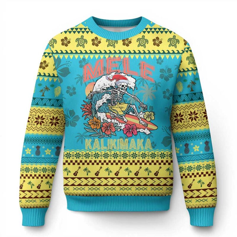 Xmas in Hawaii Ugly Christmas Sweater Mele Kalikimaka Hawaiian Tropical Surfing Skeleton TS02