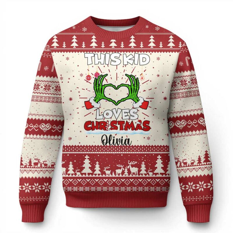 Personalized Funny Xmas Lover Ugly Christmas Sweater Custom Kids Name Skeleton Hand Heart TS02