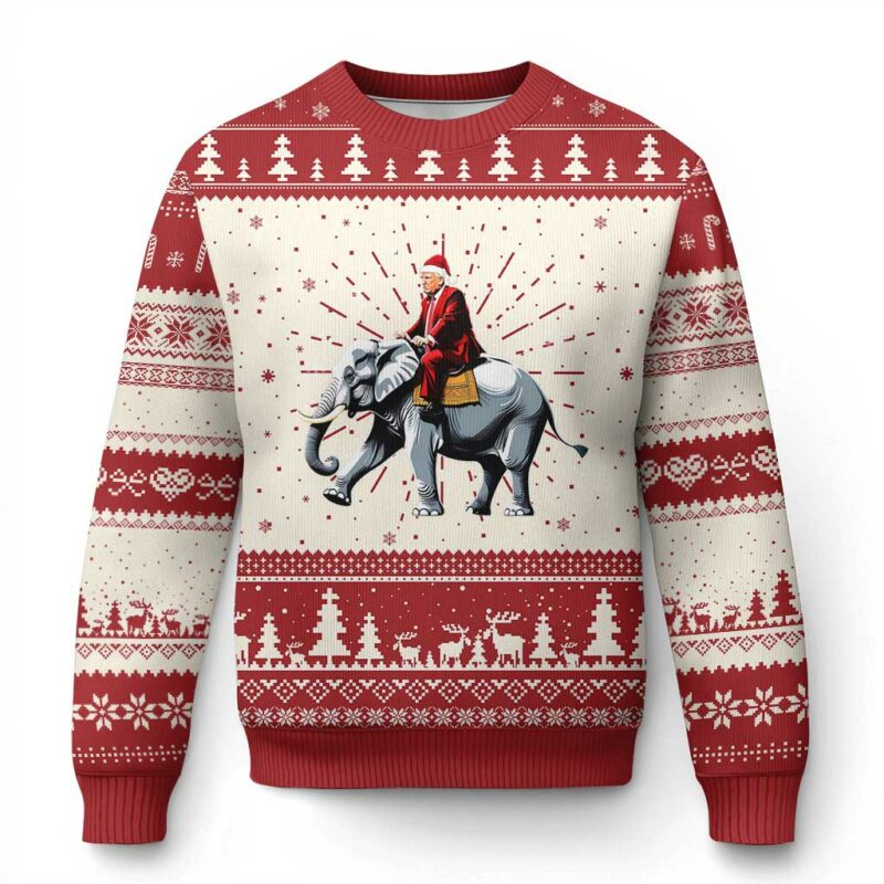 Santa Trump Riding Elephant Xmas Ugly Christmas Sweater He Won 47th President Republican Xmas TS02