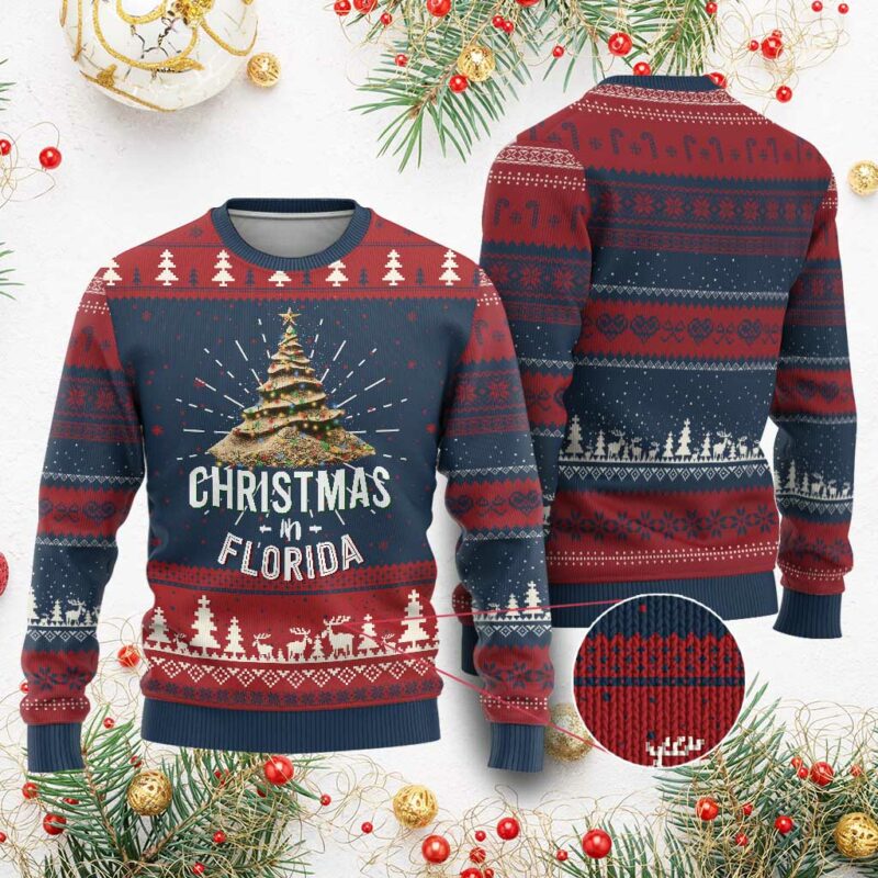 Christmas In Florida Ugly Christmas Sweater Sand Xmas Tree Lights Family Vacation TS02