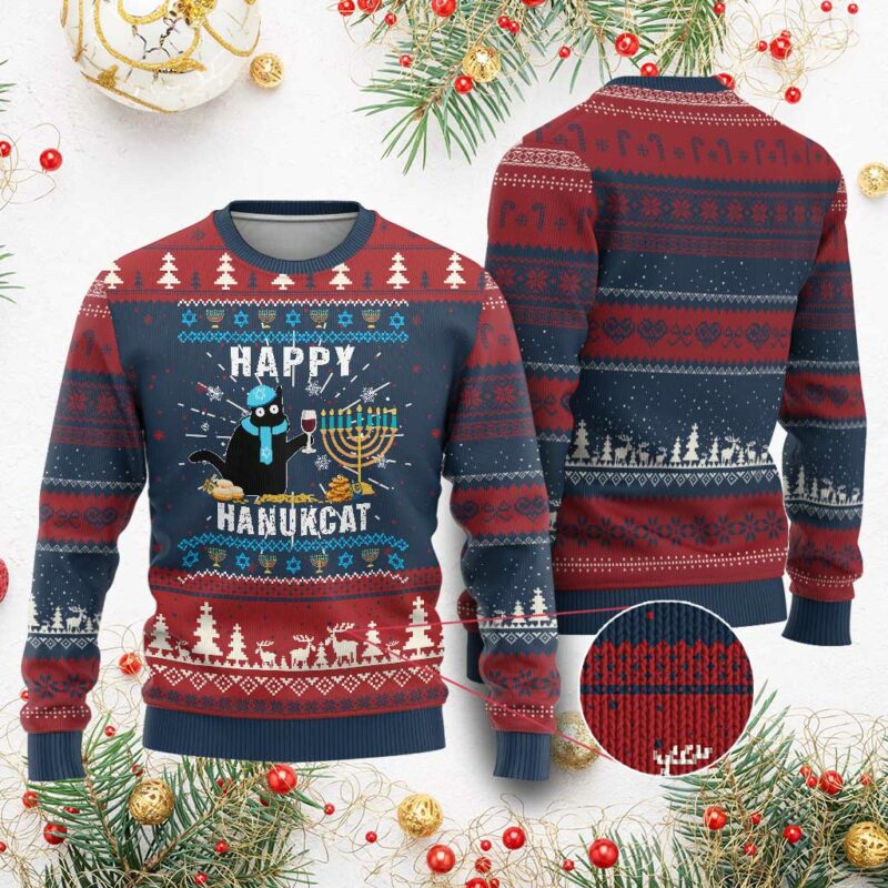 Funny Hanukkah Cat Ugly Christmas Sweater Happy Hanukcat Drinking Black Cat Jewish Menorah Chanukah TS02