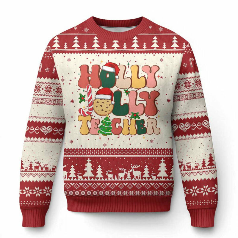 Groovy Holly Jolly Teacher Christmas Retro Xmas Ugly Christmas Sweater TS02