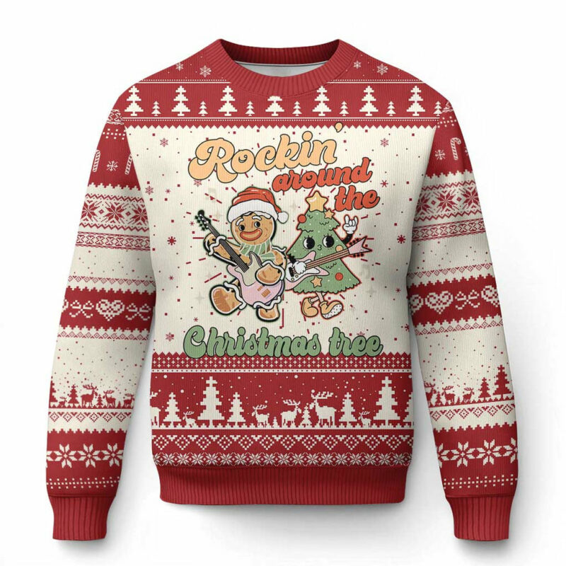 Groovy Christmas Ugly Christmas Sweater Rockin' Around The Xmas Tree Groovy Gingerbread Man TS02