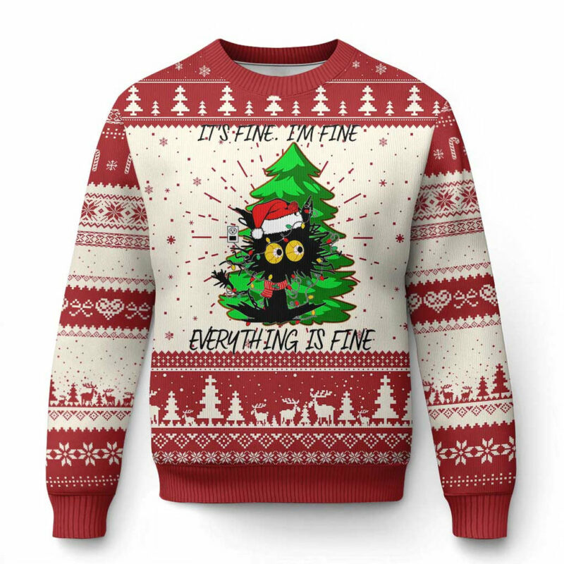 Black Cat Christmas Ugly Christmas Sweater It's Fine I'm Fine Everthing Is Fine Funny Xmas TS02