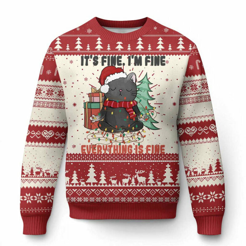 Christmas Black Cat Ugly Christmas Sweater It's Fine I'm Fine Everything Is Fine Xmas Light Funny TS02