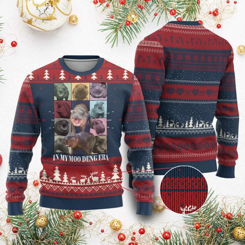 In My Moo Deng Era Ugly Christmas Sweater Cute Pygmy Hippo TS02