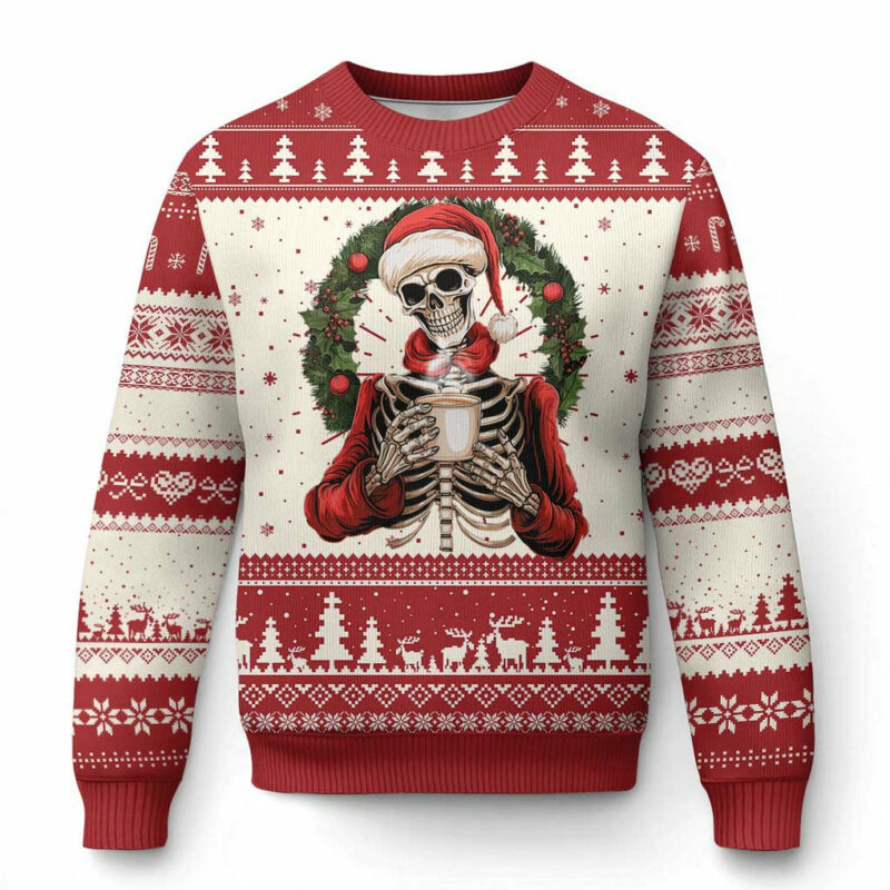 Skeleton Christmas Ugly Christmas Sweater Dead Inside But Caffeinated Coffee Lover Xmas Vibe TS02