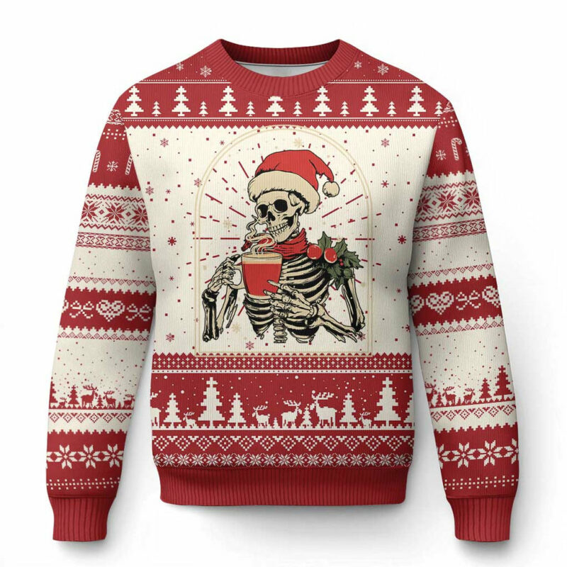 Skeleton Christmas Ugly Christmas Sweater Dead Inside But Caffeinated Coffee Addict Xmas Vibe TS02