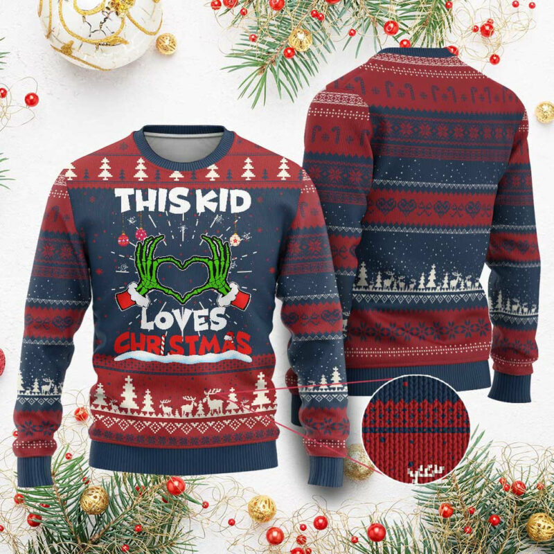 Funny Christmas Ugly Christmas Sweater This Kid Loves Xmas Skeleton Heart TS02