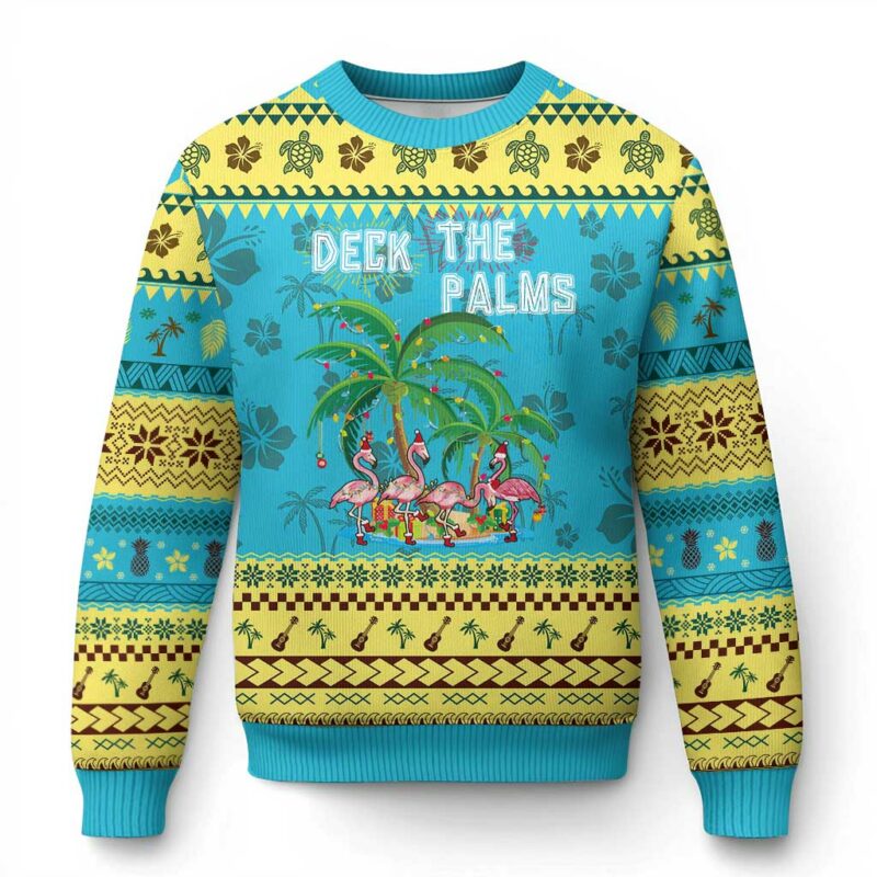 Xmas In Hawaii Ugly Christmas Sweater Deck the Palms Firework Flamingo TS09