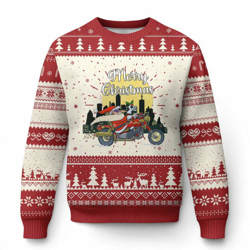 Funny Xmas Riding Ugly Christmas Sweater Santa Riding Motorcycle Biker TS09