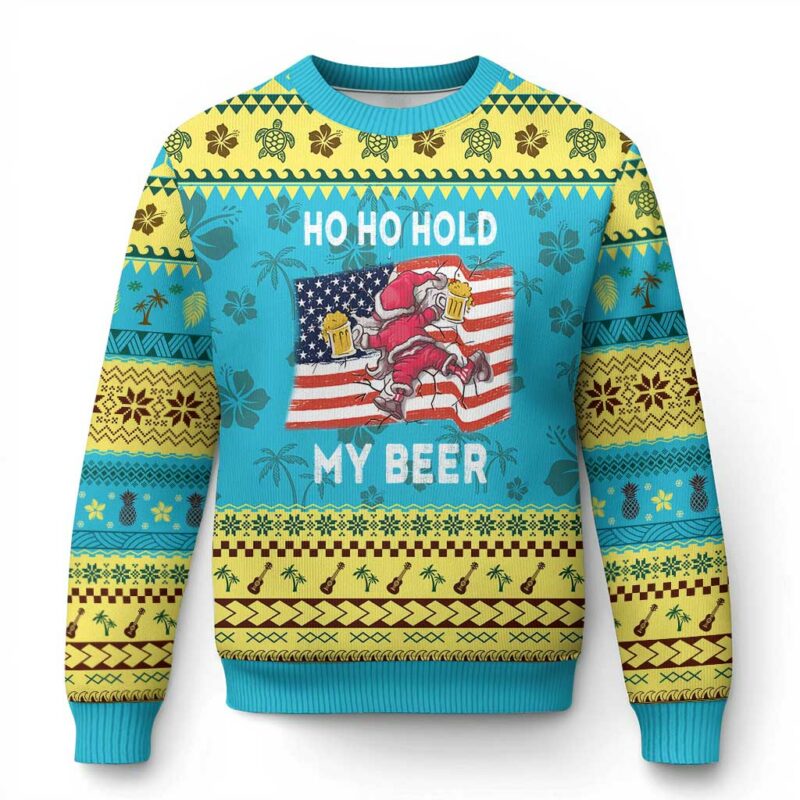 Xmas In Hawaii Ugly Christmas Sweater Ho Ho Hold My Beer Drunk Santa USA Flag TS09