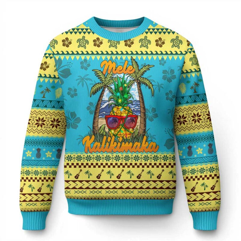 Xmas In Hawaii Ugly Christmas Sweater Mele Kalikimaka Xmas Light Pineapple TS09