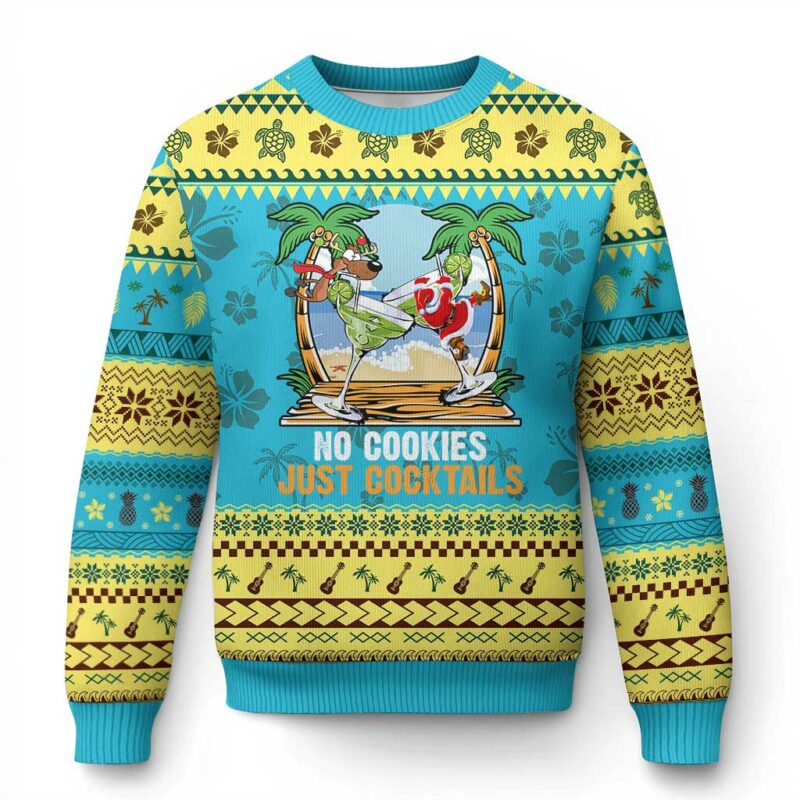 Tropical Xmas Ugly Christmas Sweater No Cookies Just Cocktails Drunk Santa Reindeer TS09