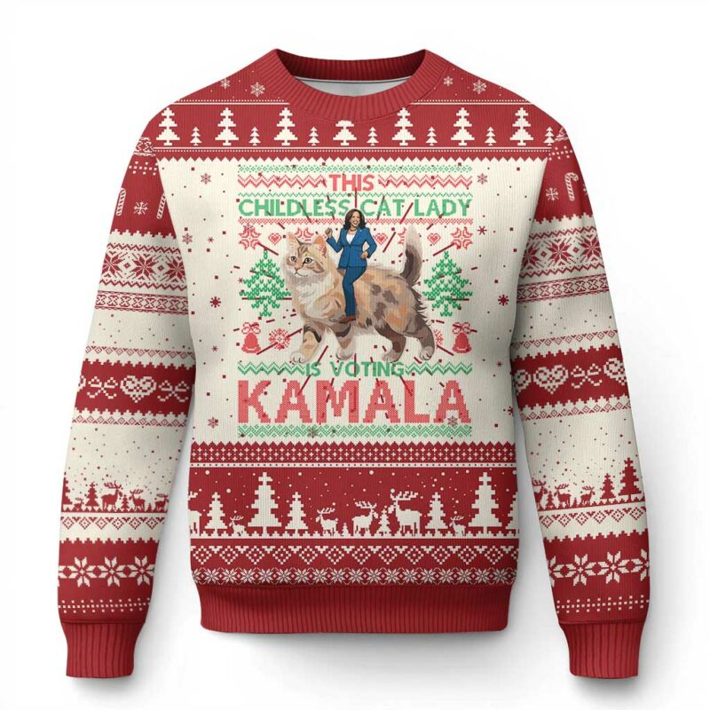 Xmas Childless Cat Lady For Kamala Ugly Christmas Sweater Funny Santa Cat Voting Harris 2024 TS09