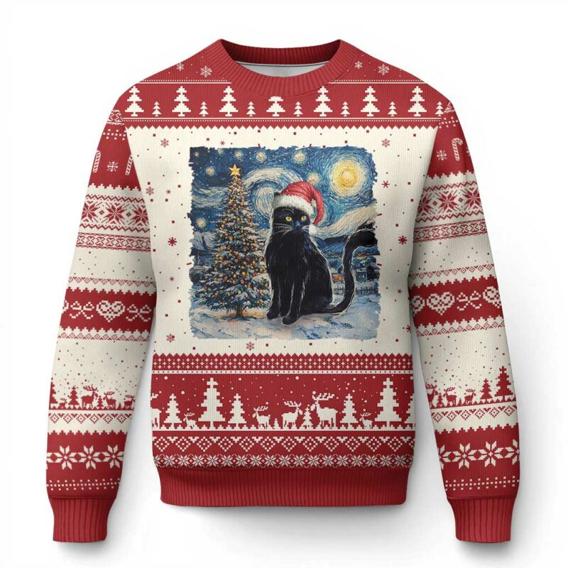 Xmas Black Cat Ugly Christmas Sweater Meowy Catmas Starry Night Santa Cat TS09