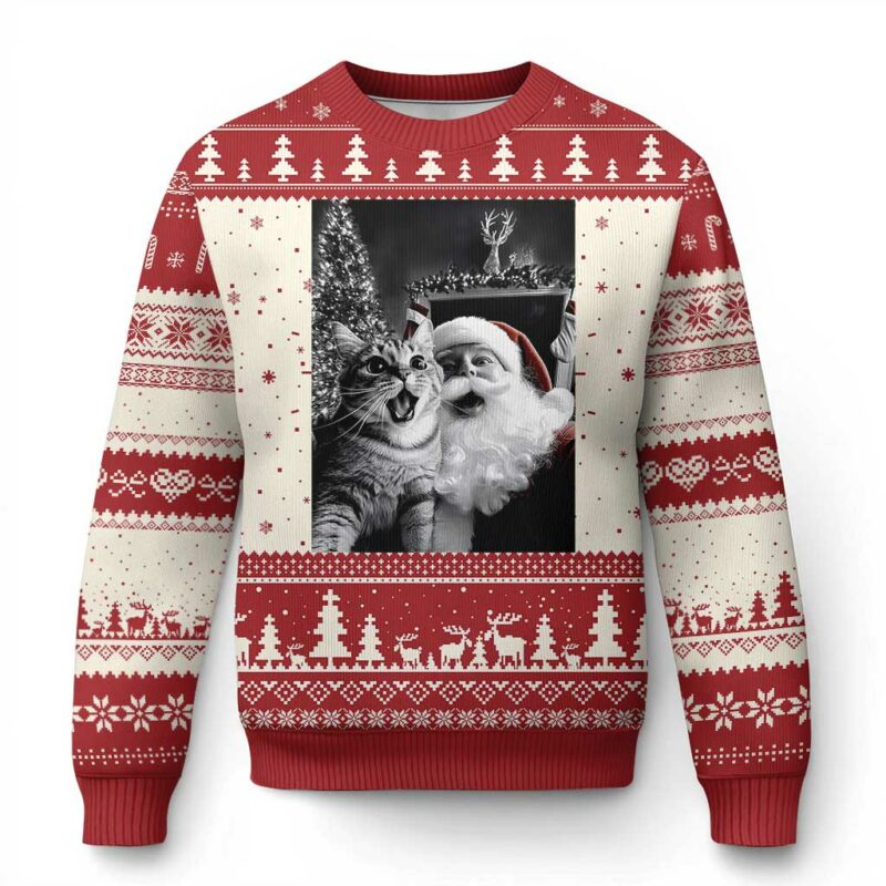 Funny Christmas Cat Selfie With Santa Ugly Christmas Sweater TS09