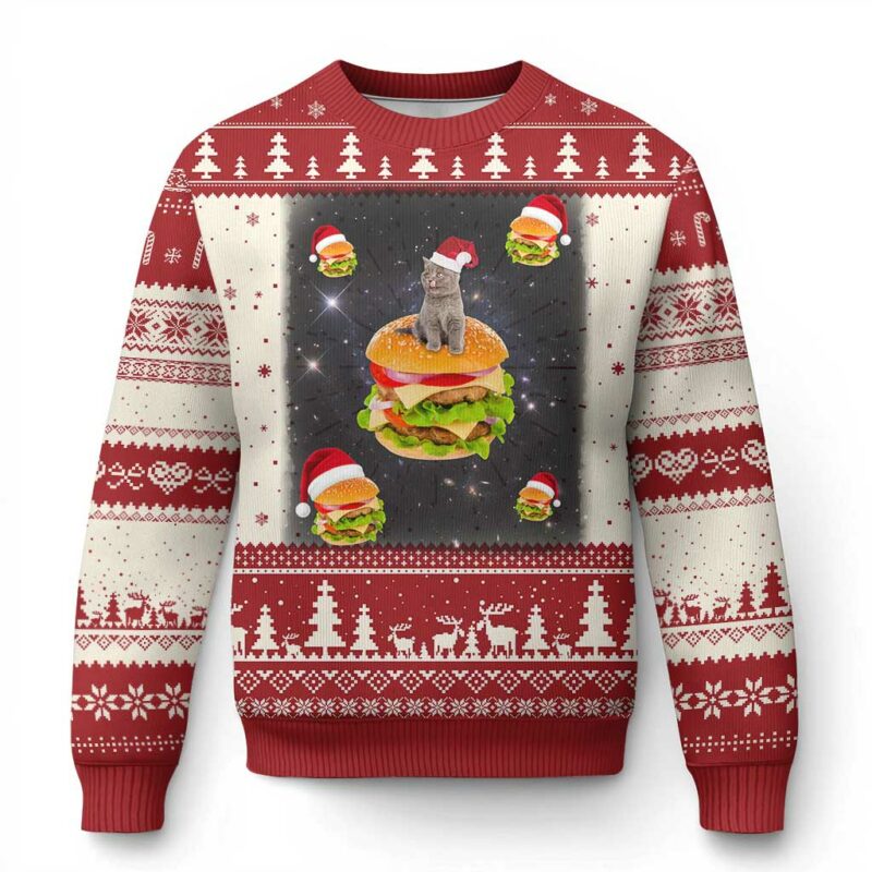 Funny Xmas Cat Ugly Christmas Sweater Santa Cat Hamburger Lover Galaxy Outer Space TS09