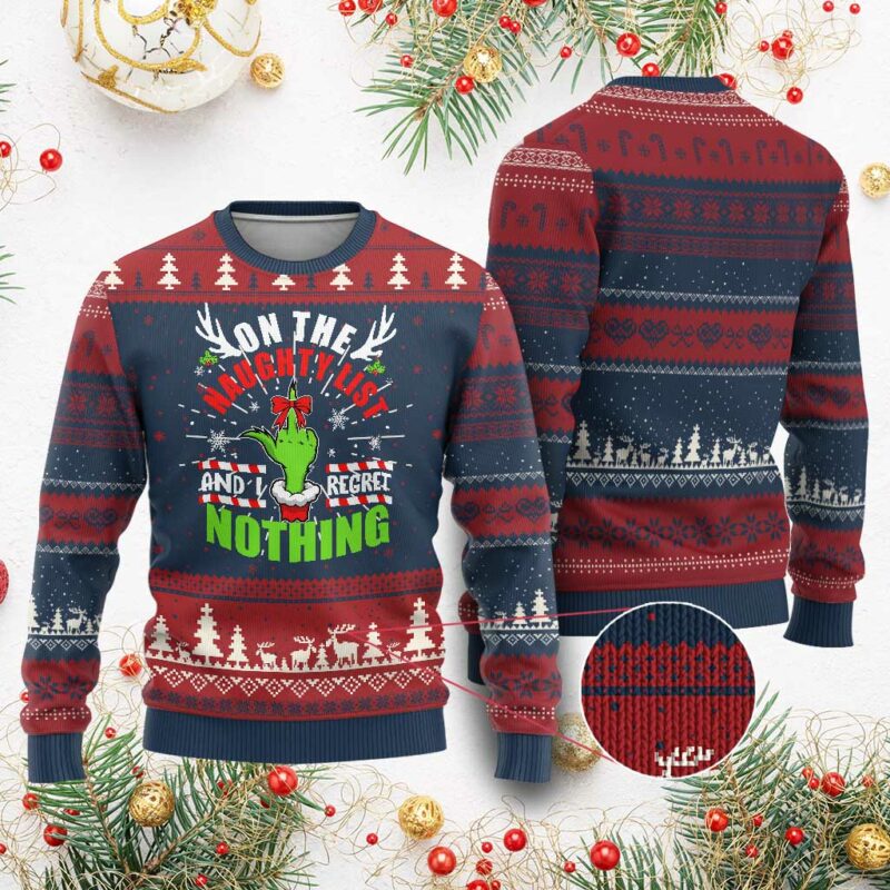 Funny Xmas Ugly Christmas Sweater On The List Of Naughty And I Regret Nothing TS09