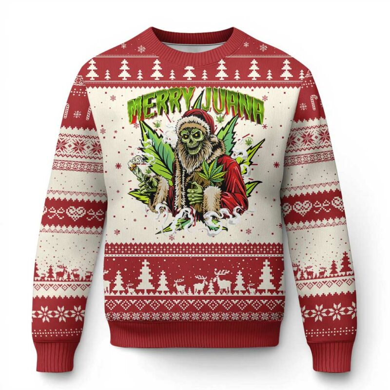 Funny Weed Xmas Ugly Christmas Sweater Merry Juana Santa Skeleton 420 TS09