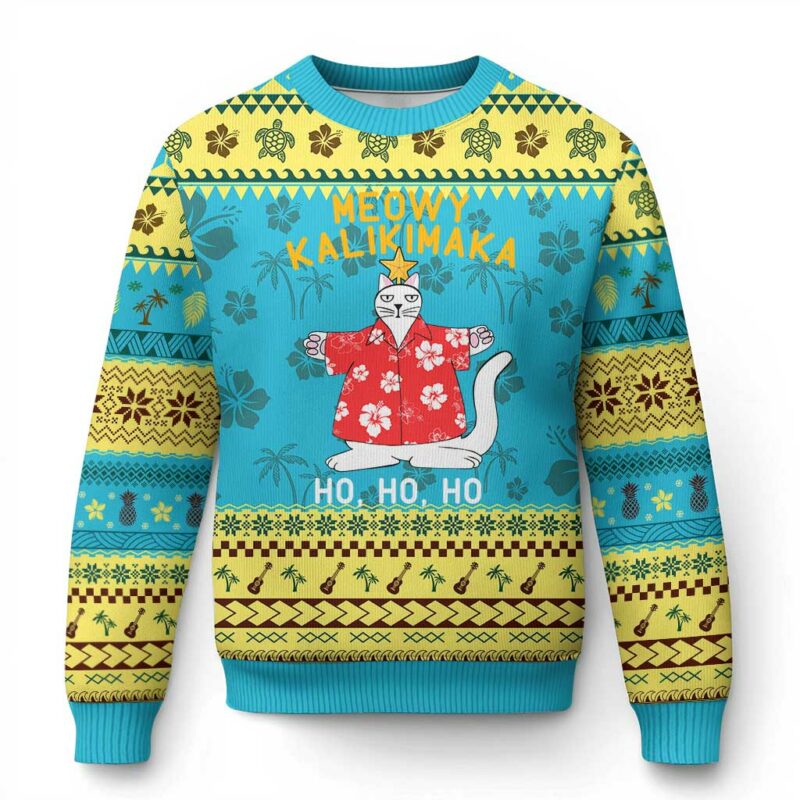 Hawaiian Xmas Cute Cat Ugly Christmas Sweater Meowy Kalikimaka Hawaiian Cat Ho Ho Ho Xmas Tree TS09