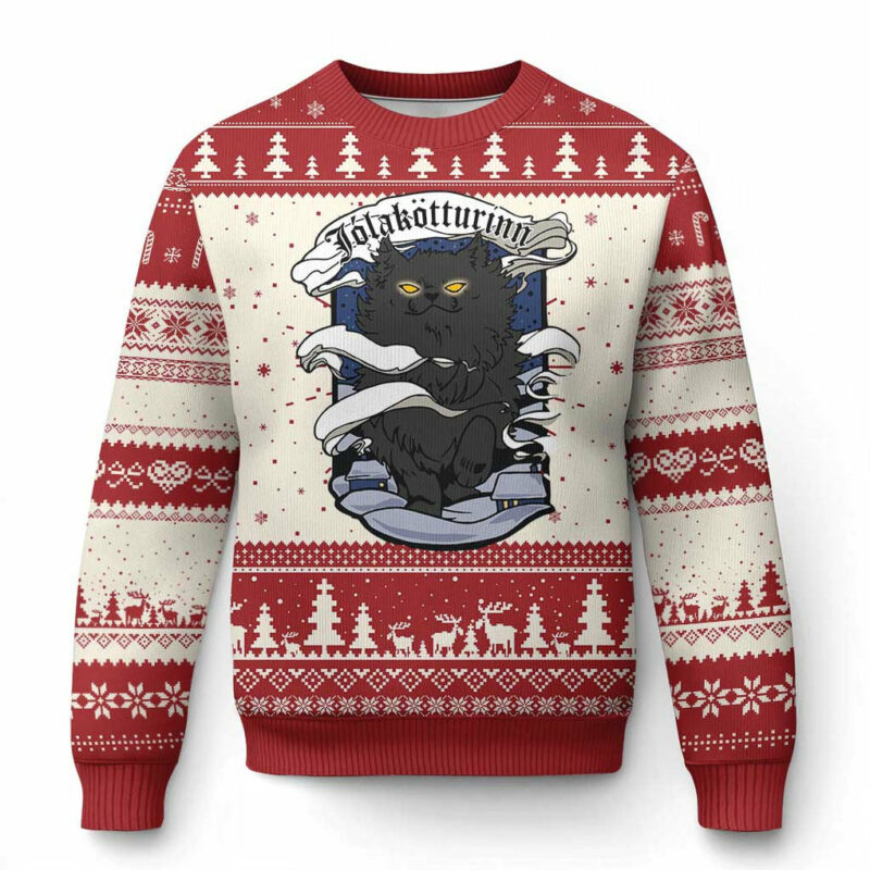 Icelandic Xmas Ugly Christmas Sweater Yule Cat Jolakotturinn Xmas Eve TS09