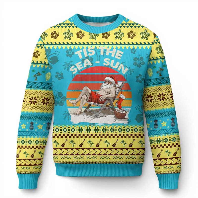 Tropical Xmas Ugly Christmas Sweater Tis The Sea Sun Santa At The Beach TS09