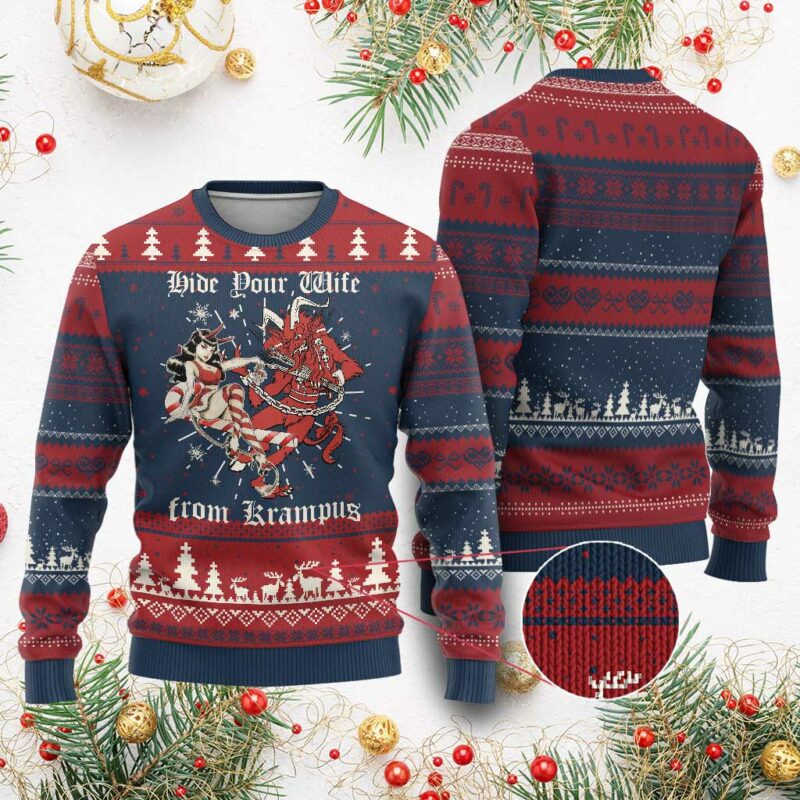 Funny Xmas Ugly Christmas Sweater Hide Your Wife From Krampus TS09