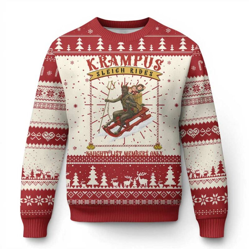 Funny Krampus Sleigh Rides Ugly Christmas Sweater Naughty List Members Only TS09