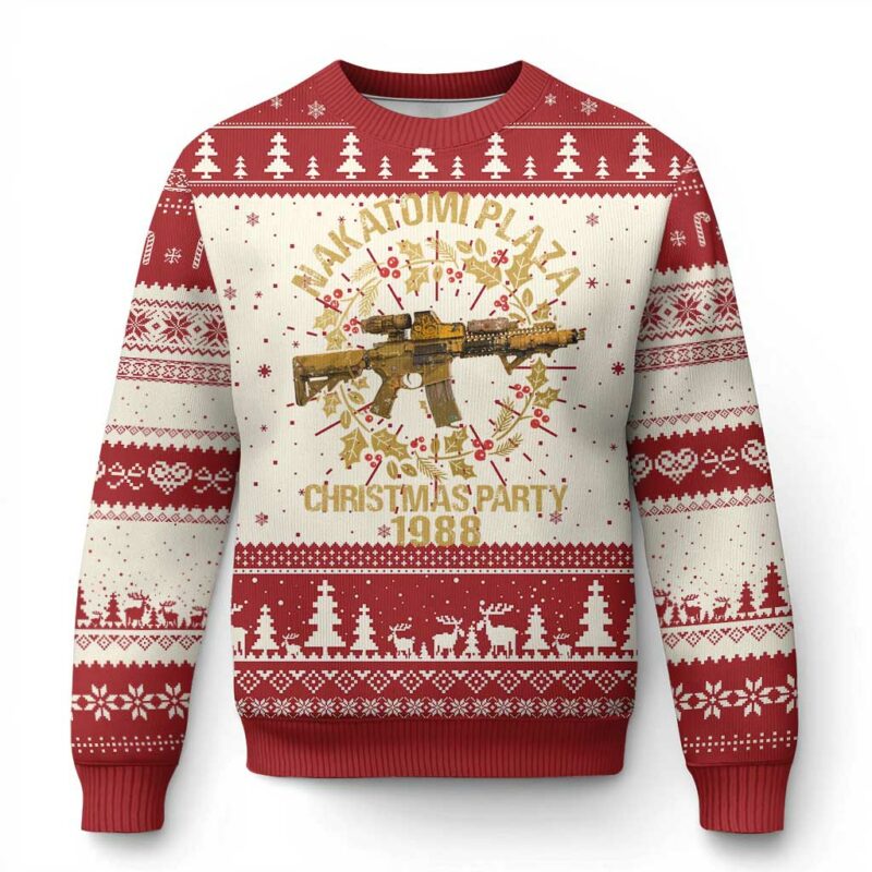 Nakatomi Plaza Christmas Party Ugly Christmas Sweater American Patriotic Gold Holly Wreath Machine Gun TS09