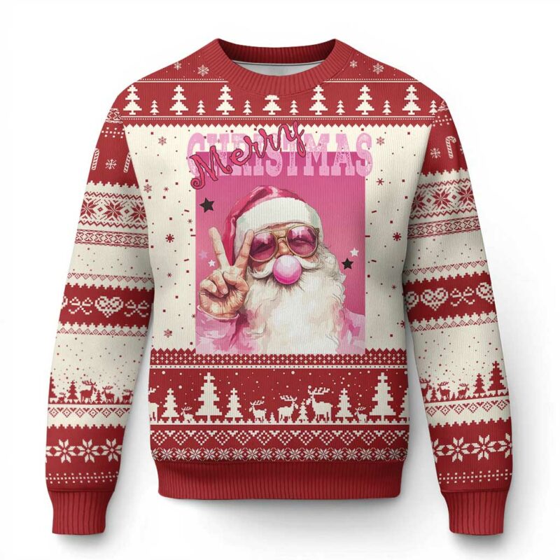 Pink Santa Retro Christmas Ugly Christmas Sweater Blowing Bubble Pink Xmas Matching Family Group Party TS10