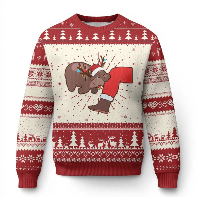 Funny Moo-Deng Christmas Ugly Christmas Sweater MooDengMas Xmas Baby Pygmy Hippo Cute Zoo For Family Tee TS10