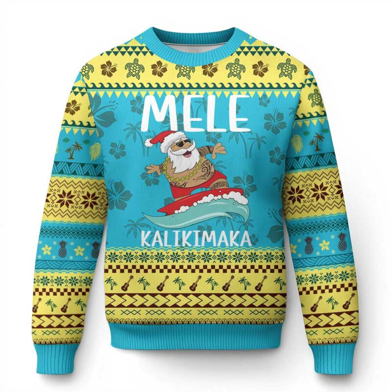 Hawaiian Christmas Ugly Christmas Sweater Mele Kalikimaka Hawaii Surfing Santa Tropical Beach TS10