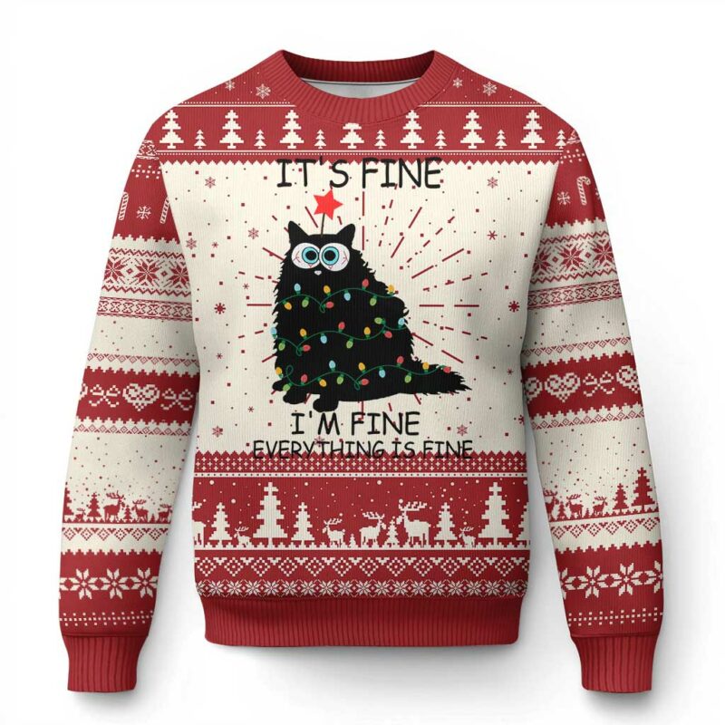 Funny Christmas Cat Ugly Christmas Sweater It's Fine I'm Fine Everything Is Fine Meowy Catmas Xmas TS10