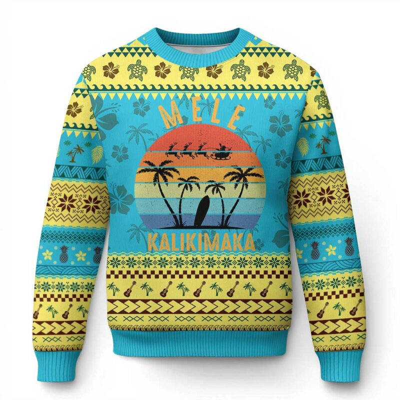 Mele Kalikimaka Hawaiian Christmas Ugly Christmas Sweater Retro Hawaii Island Palm Beach Surfboard Surf Xmas Family TS10