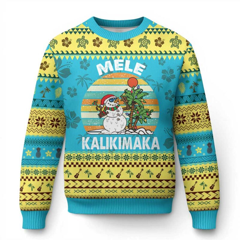 Vintage Cute Mele Kalikimaka Ugly Christmas Sweater Funny Snowman Palm Tree Beach Tropical Xmas Gift Family Holiday TS10