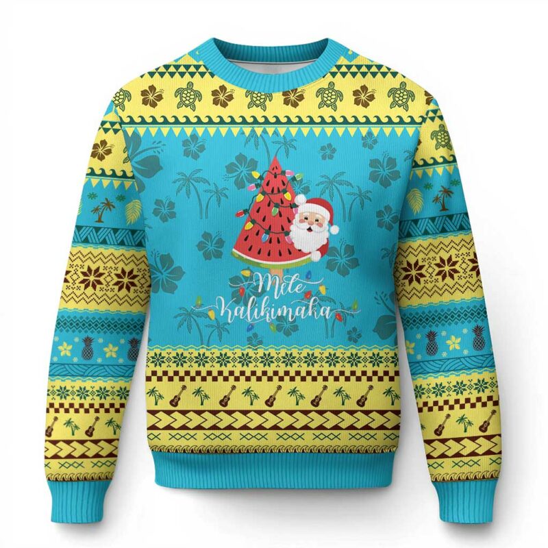 Mele Kalikimaka Hawaiian Ugly Christmas Sweater Watermelon Summer Tree Tropical Hawaii Santa Xmas Gift Family Holiday TS10