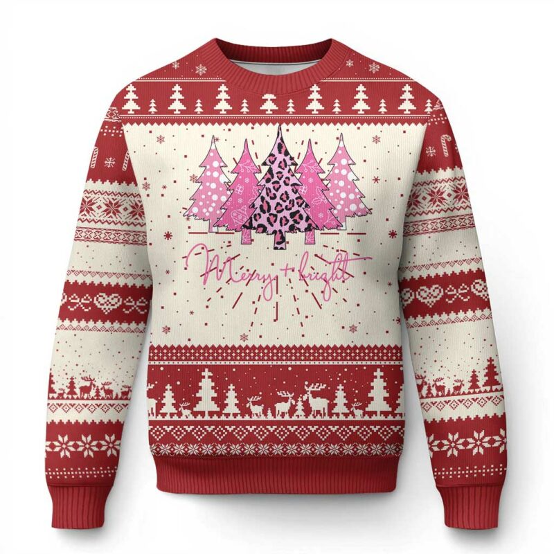 Christmas Pink Ugly Christmas Sweater Leopard Print Trees TS10