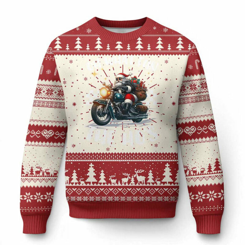 Biker Grandpa Santa on Motorcycle Christmas Ugly Christmas Sweater Funny Oh What Fun It Is To Ride TS10