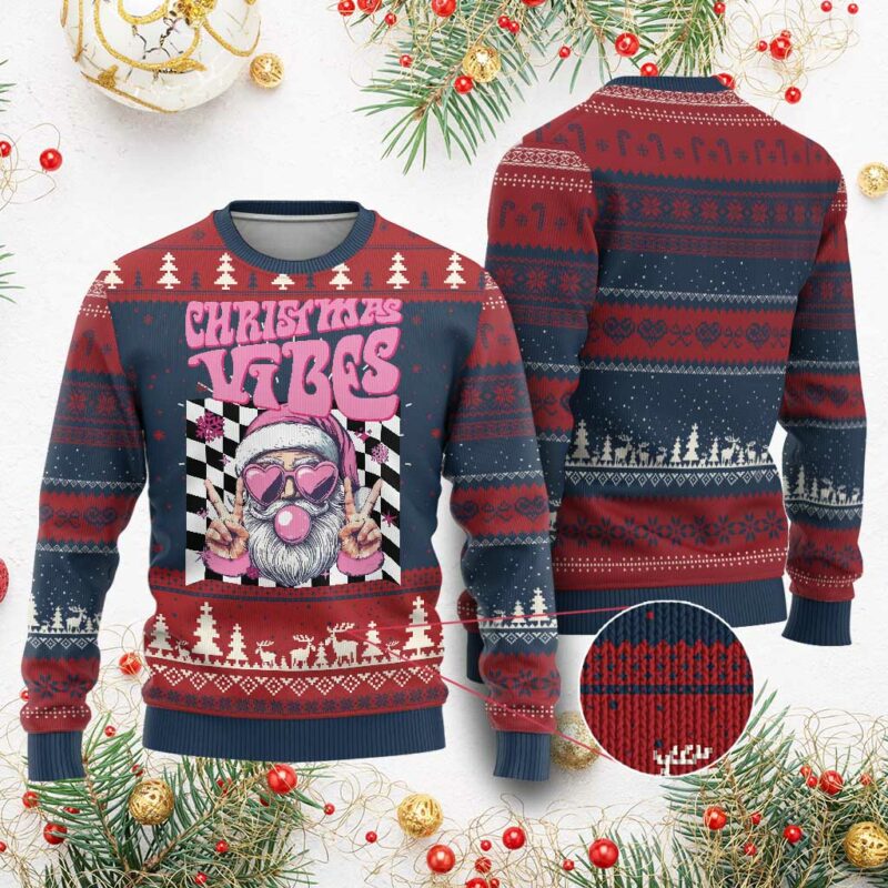 Funny Pink Santa Xmas Ugly Christmas Sweater Xmas Vibes Checkboard TS11