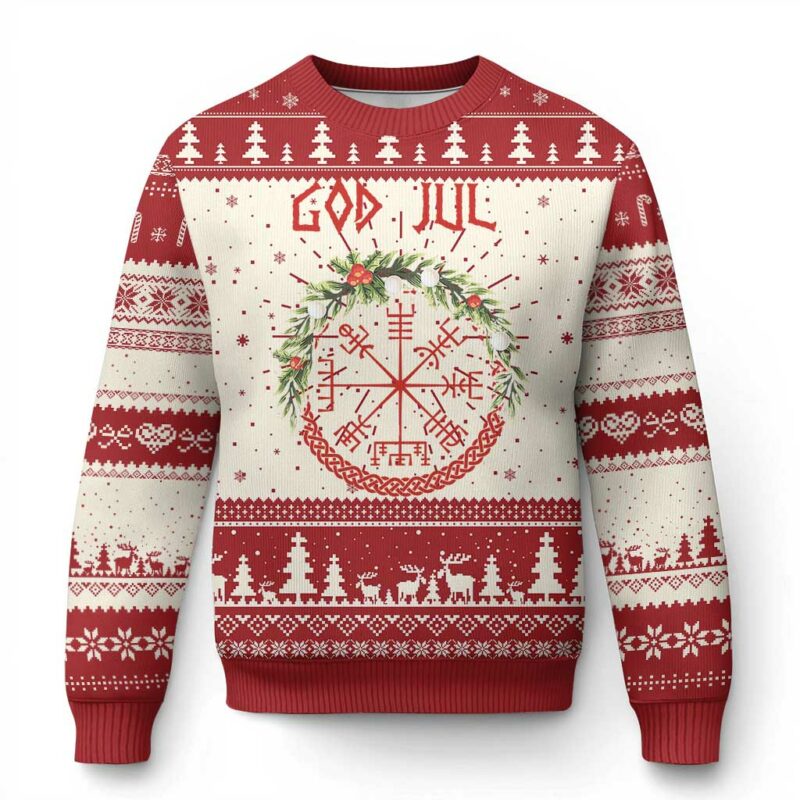 Yule Pagan Ugly Christmas Sweater God Jul Christmas Nordic Vegvisir Wreath TS11