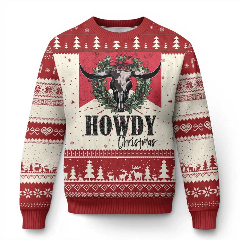 Western Xmas Ugly Christmas Sweater Howdy Christmas Cow Skull Xmas Wreath TS11