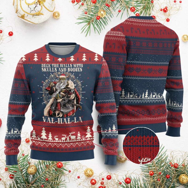 Viking Christmas Ugly Christmas Sweater Deck The Halls With Skulls And Bodies Valhalla TS11